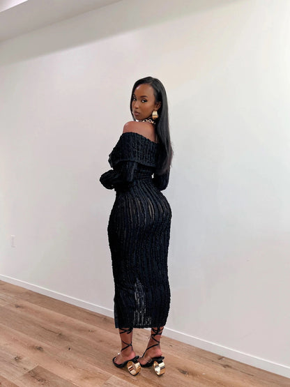 Black off-shoulder textured maxi dress with ruched fabric detail