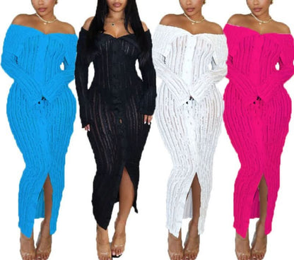 Off-shoulder ribbed maxi dress in blue, black, white, and pink colorways