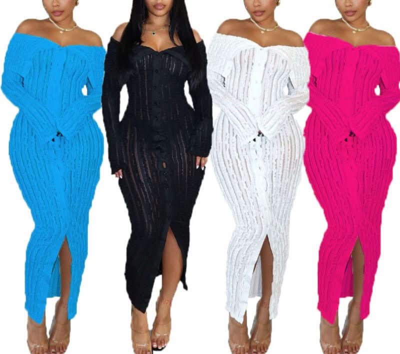 Off-shoulder ribbed maxi dress in blue, black, white, and pink colorways