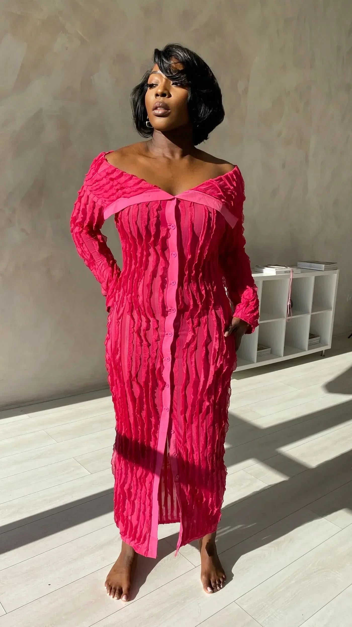 pink off-shoulder ruched maxi dress with button details