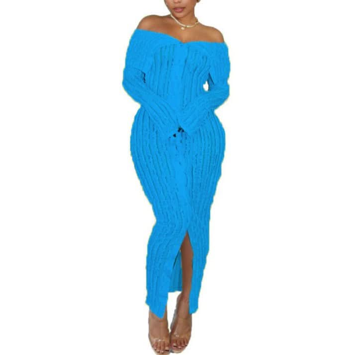 Bright blue off-shoulder ribbed midi dress with front slit detail