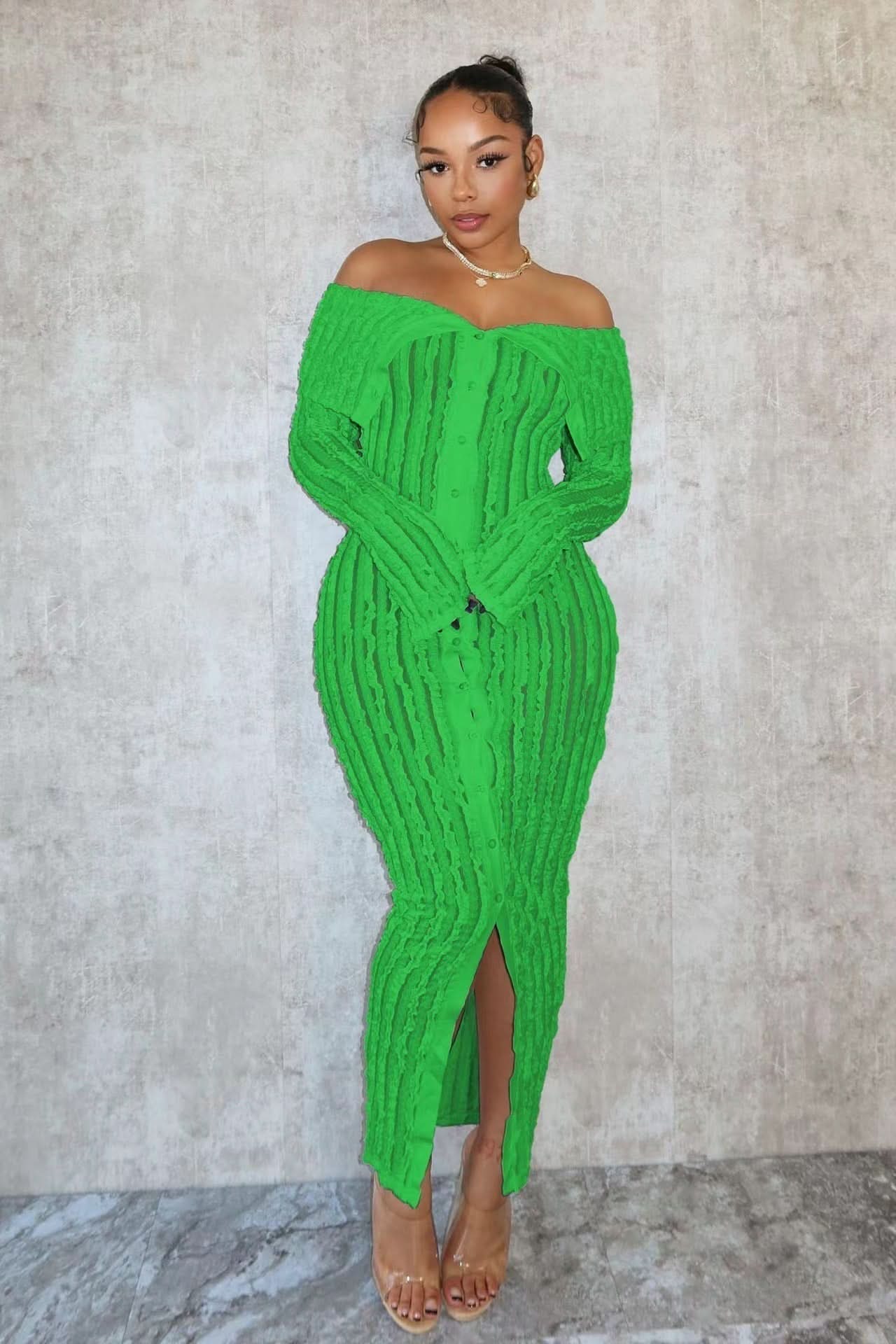 Neon green off-shoulder ribbed maxi dress with long sleeves and slit