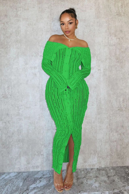 Neon green off-shoulder ribbed maxi dress with long sleeves and slit