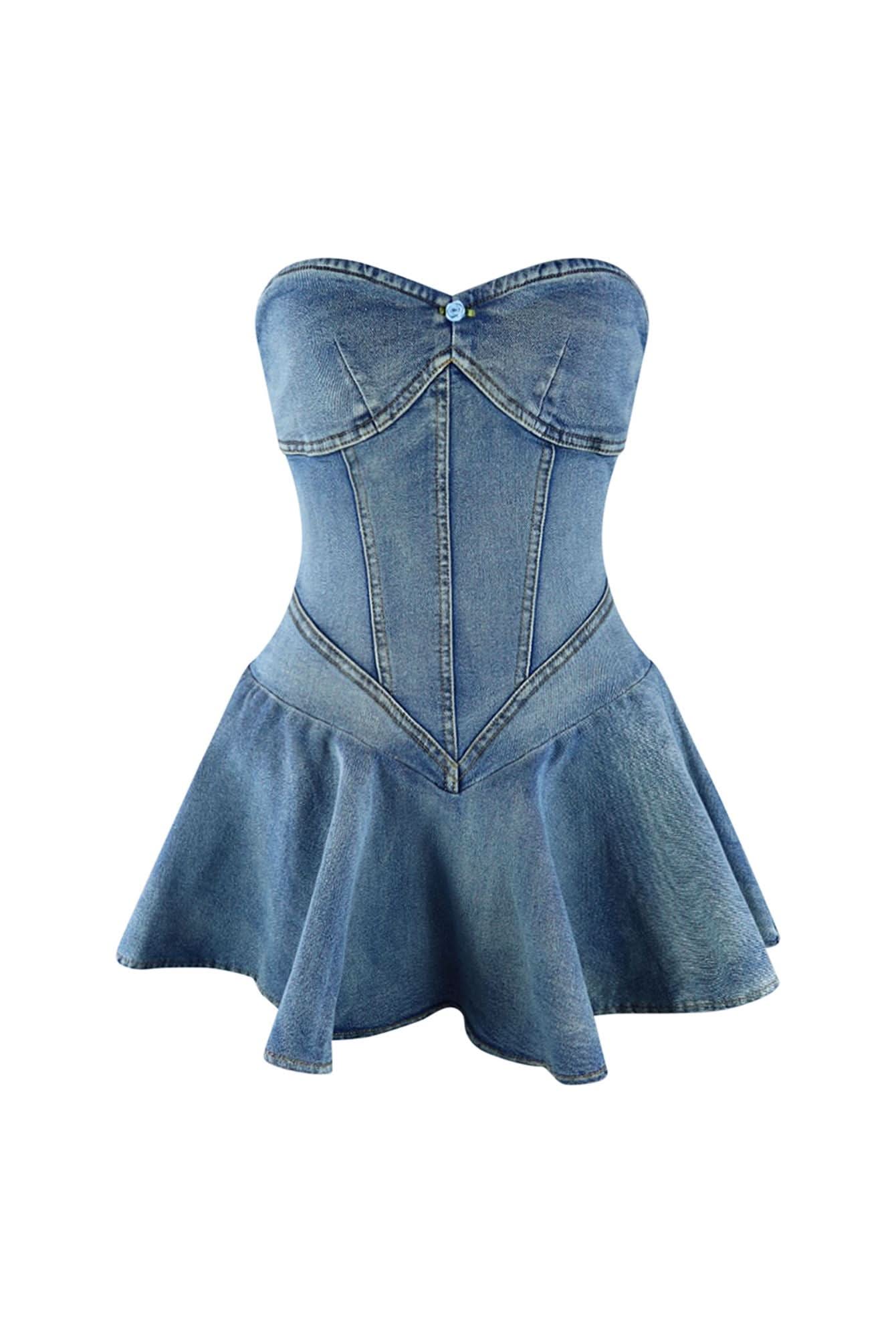Side view of blue denim corset mini dress showing structured bodice and flared hem
