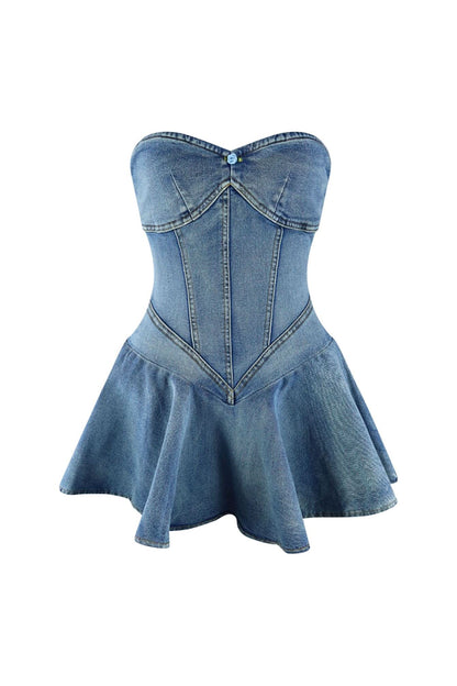 Side view of blue denim corset mini dress showing structured bodice and flared hem