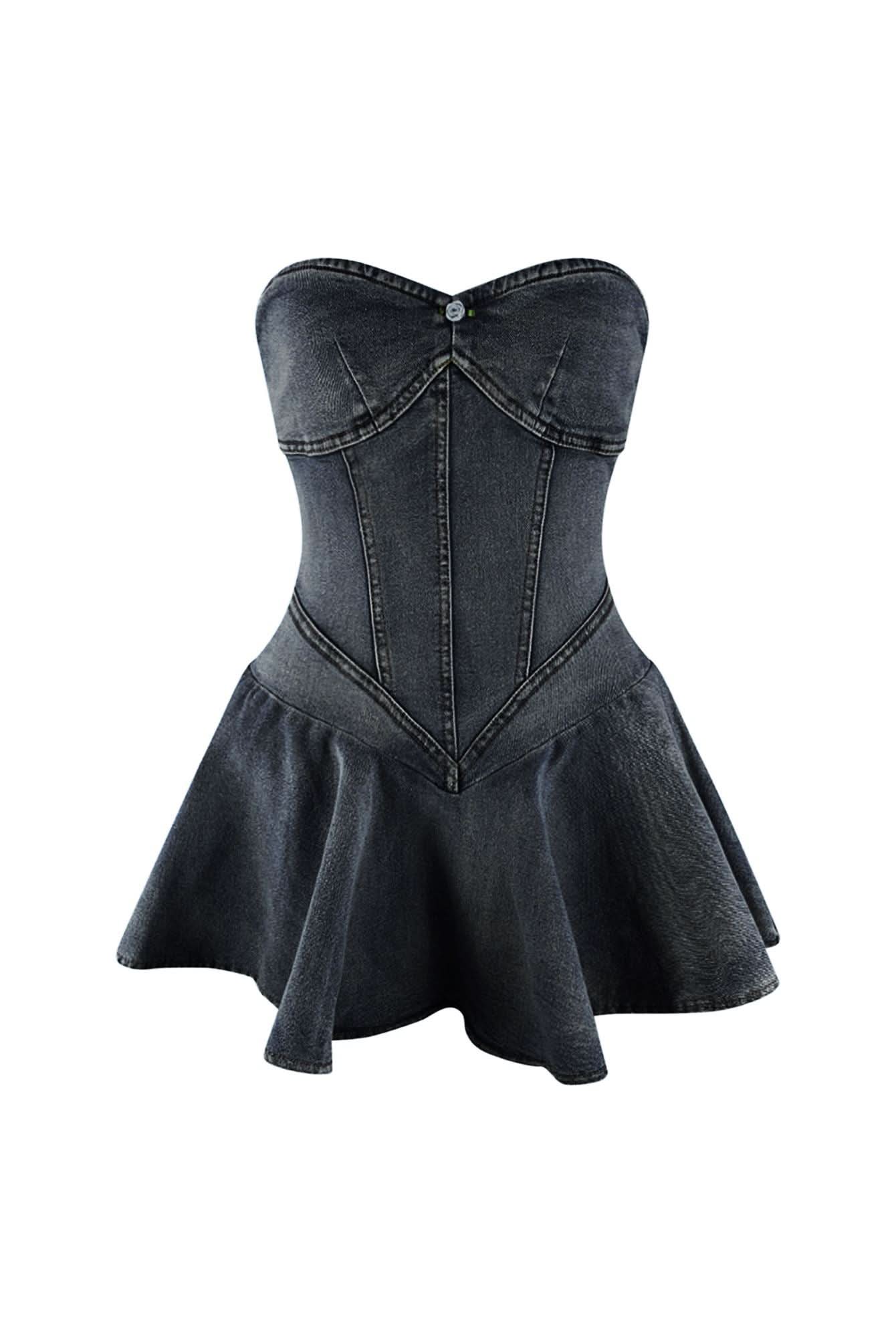 Dark charcoal denim corset mini dress with boning detail and full skirt front view