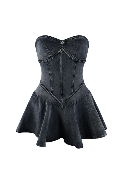 Dark charcoal denim corset mini dress with boning detail and full skirt front view