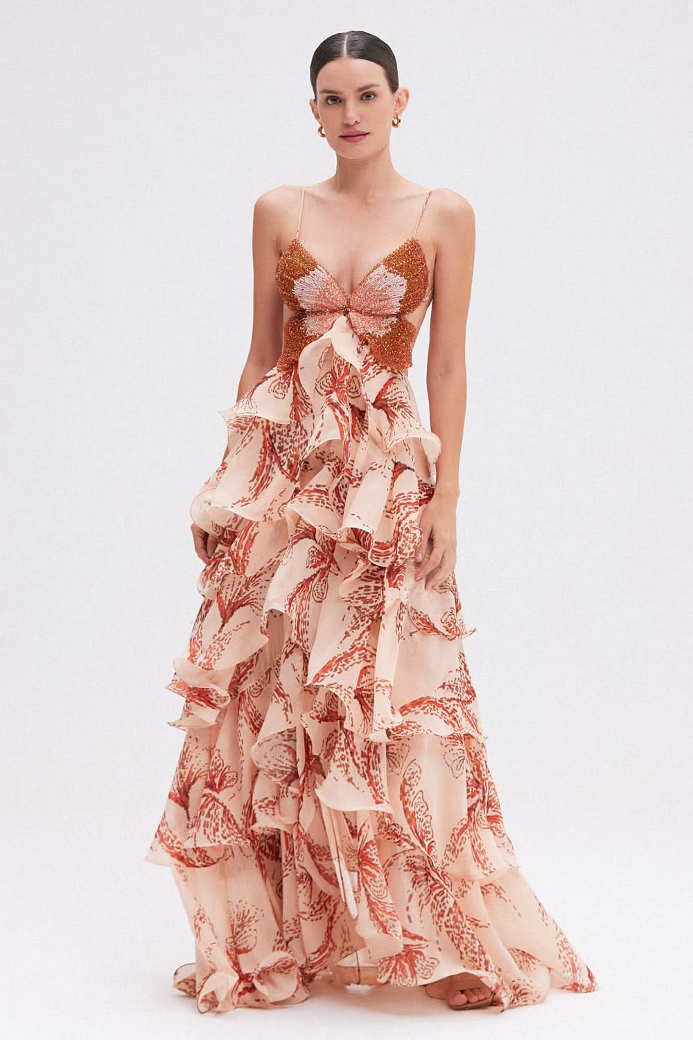 Peach floral maxi dress with beaded butterfly bodice and tiered ruffled skirt for women