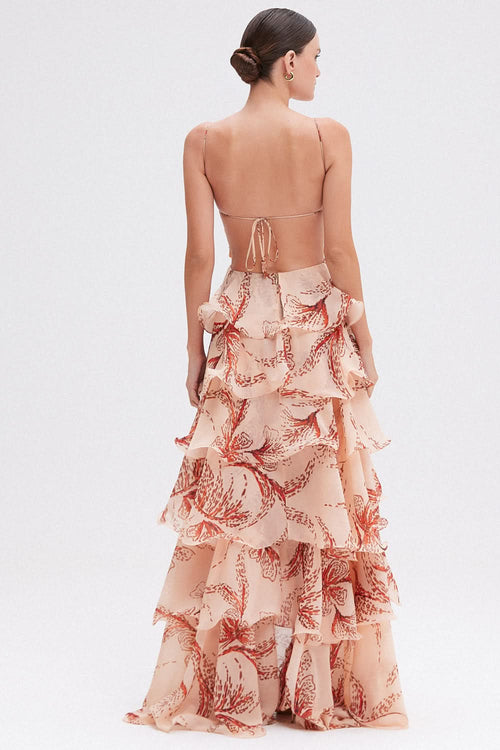 Peach floral maxi dress with beaded butterfly bodice and tiered ruffled skirt for women