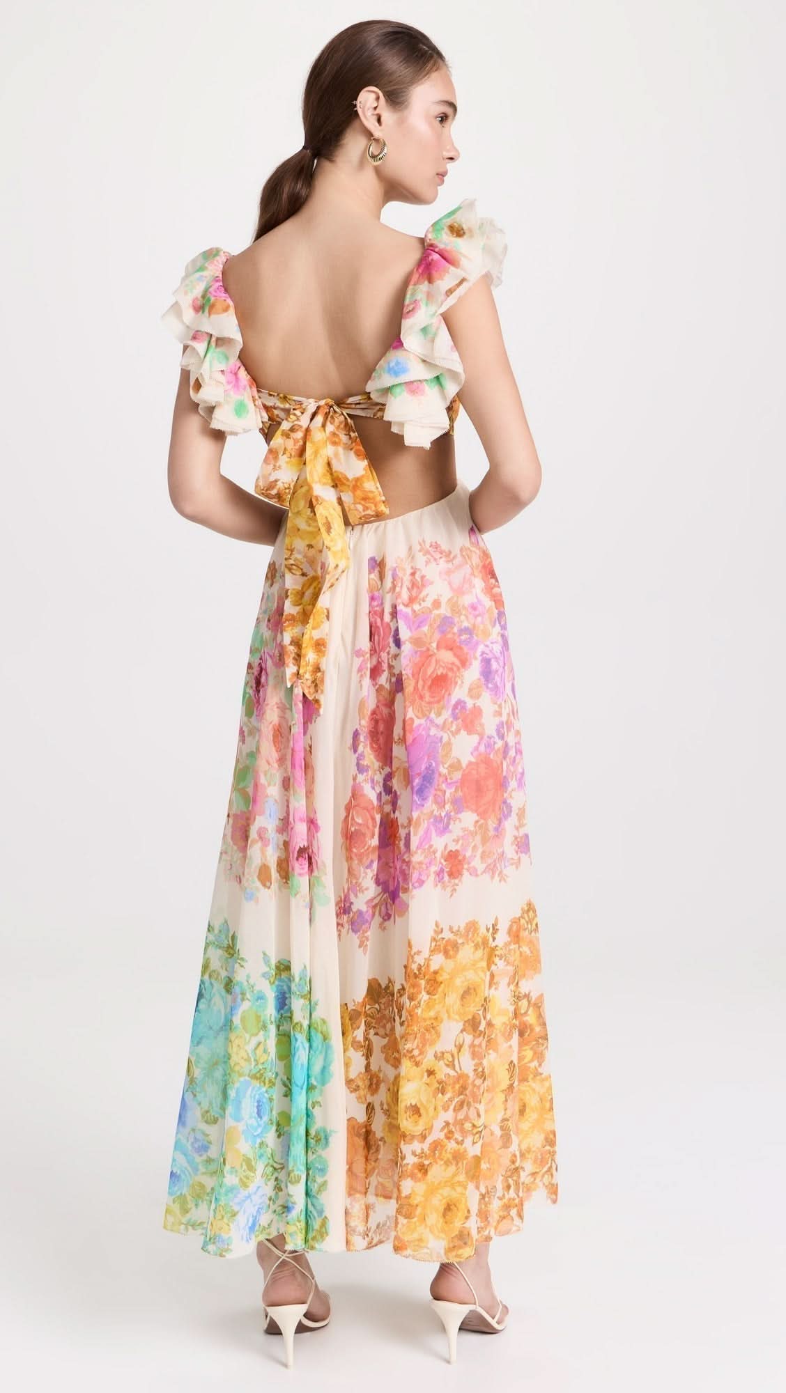 Back view of floral midi dress with ruffled sleeves and adjustable tie closure cutout for women