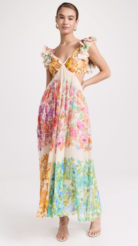 Multicolor floral V-neck midi dress with ruffled cap sleeves and flowing silhouette for women