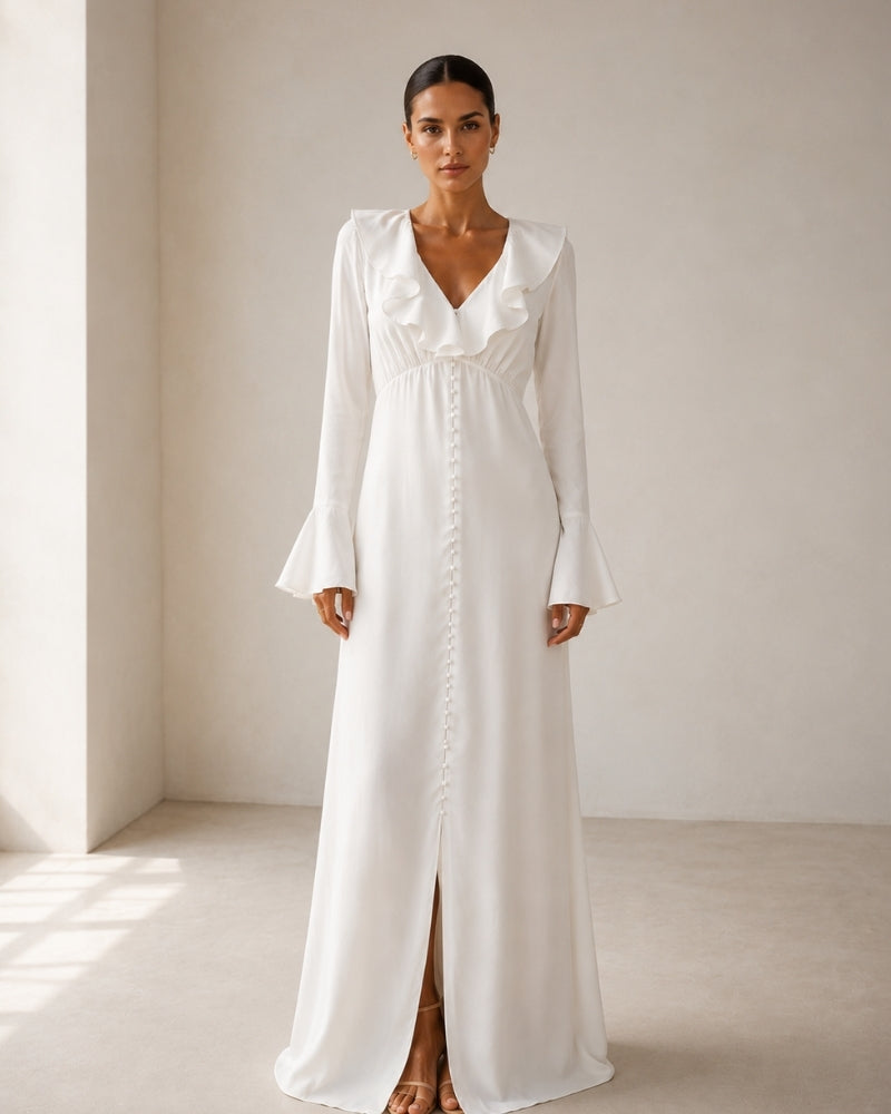ALOUETTE | RUFFLE NECK PEARL BUTTON MAXI DRESS - Ivory