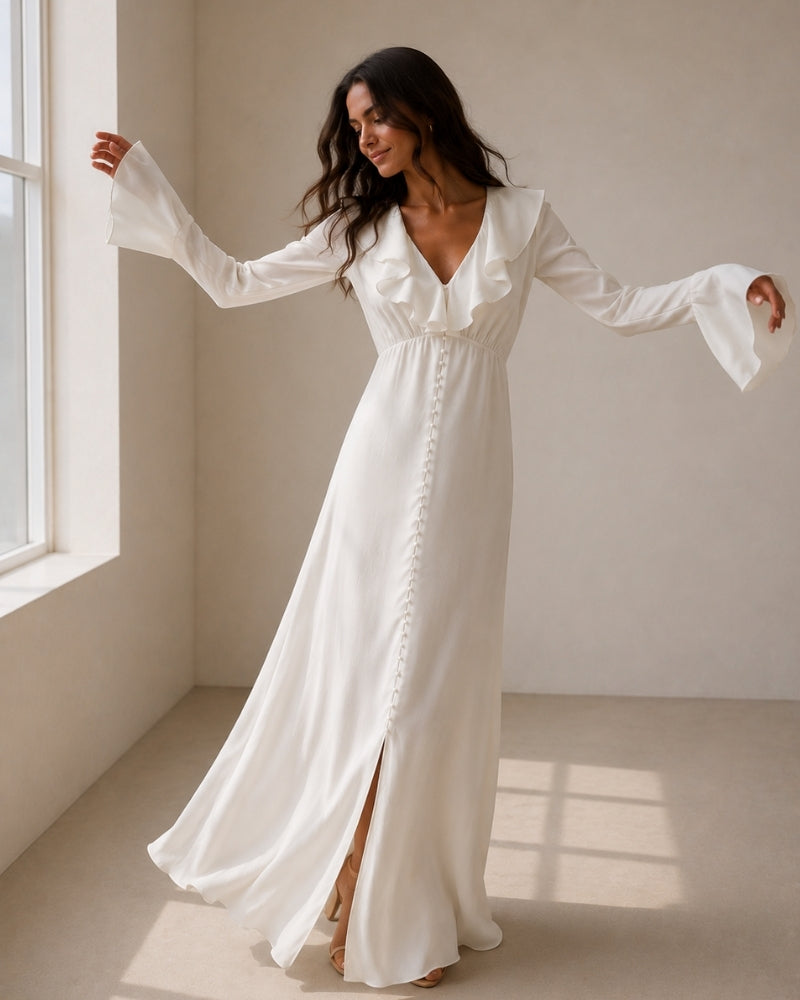 ALOUETTE | RUFFLE NECK PEARL BUTTON MAXI DRESS - Ivory