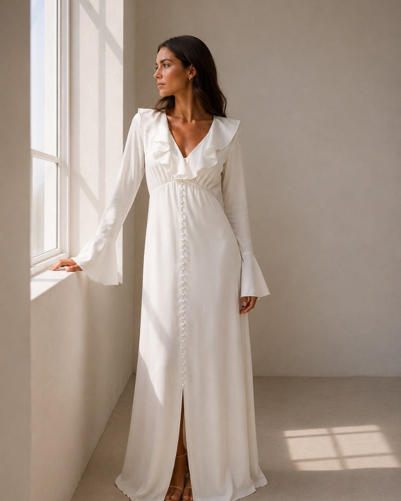 ALOUETTE | RUFFLE NECK PEARL BUTTON MAXI DRESS - Ivory