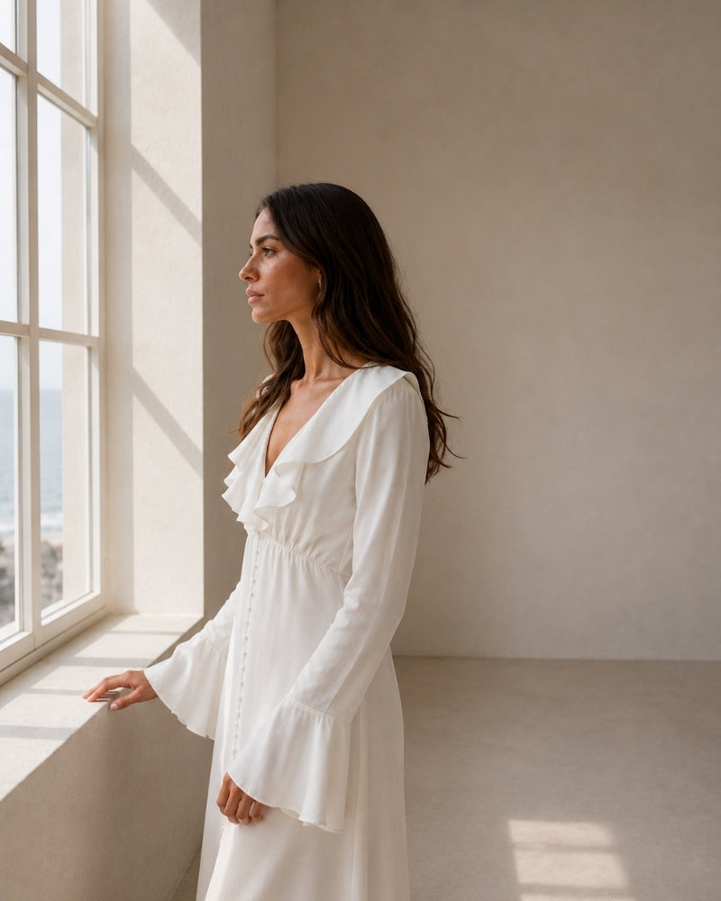 ALOUETTE | RUFFLE NECK PEARL BUTTON MAXI DRESS - Ivory