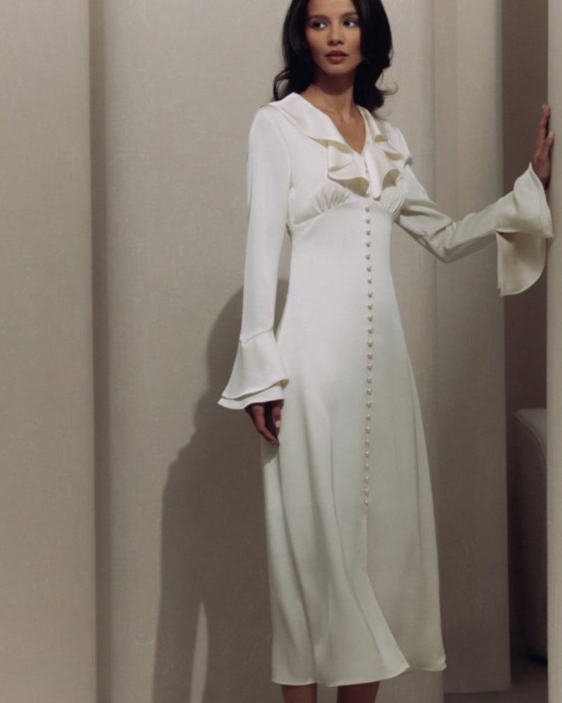 ALOUETTE | RUFFLE NECK PEARL BUTTON MAXI DRESS - Ivory