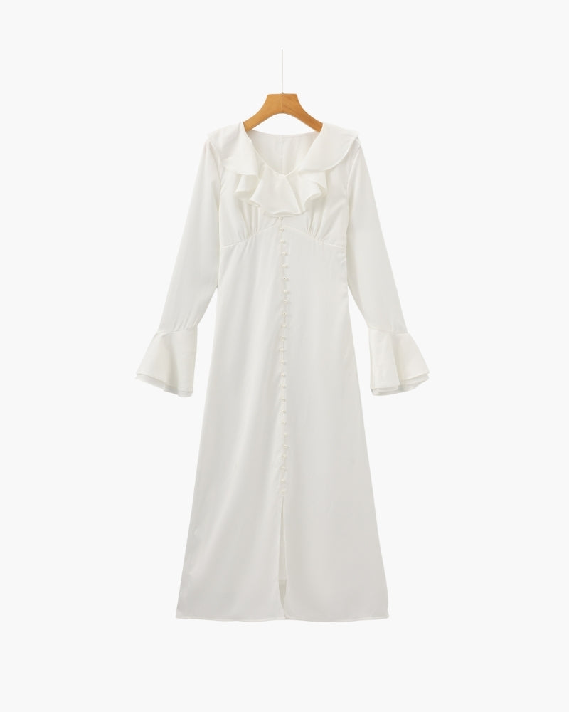 ALOUETTE | RUFFLE NECK PEARL BUTTON MAXI DRESS - Ivory