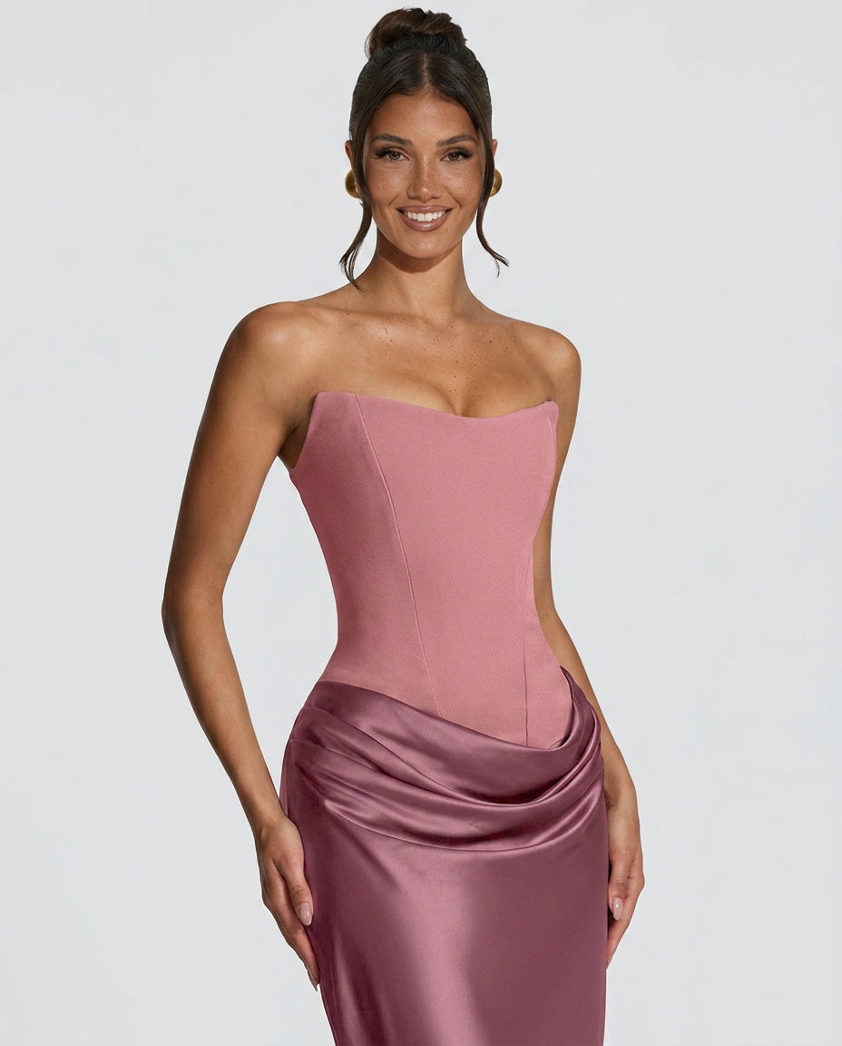 ALTAIRA | STRAPLESS CORSET DRAPED MAXI DRESS - Dusty Rose
