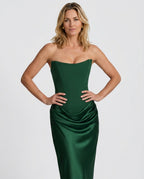 ALTAIRA | STRAPLESS CORSET DRAPED MAXI DRESS - Emerald Green