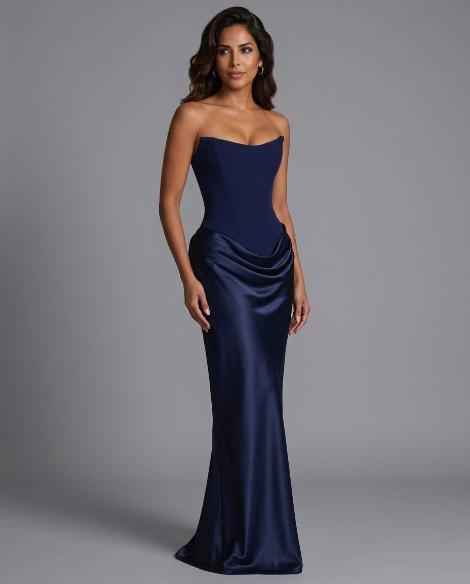 ALTAIRA | STRAPLESS CORSET DRAPED MAXI DRESS - Navy