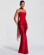ALTAIRA | STRAPLESS CORSET DRAPED MAXI DRESS - Red