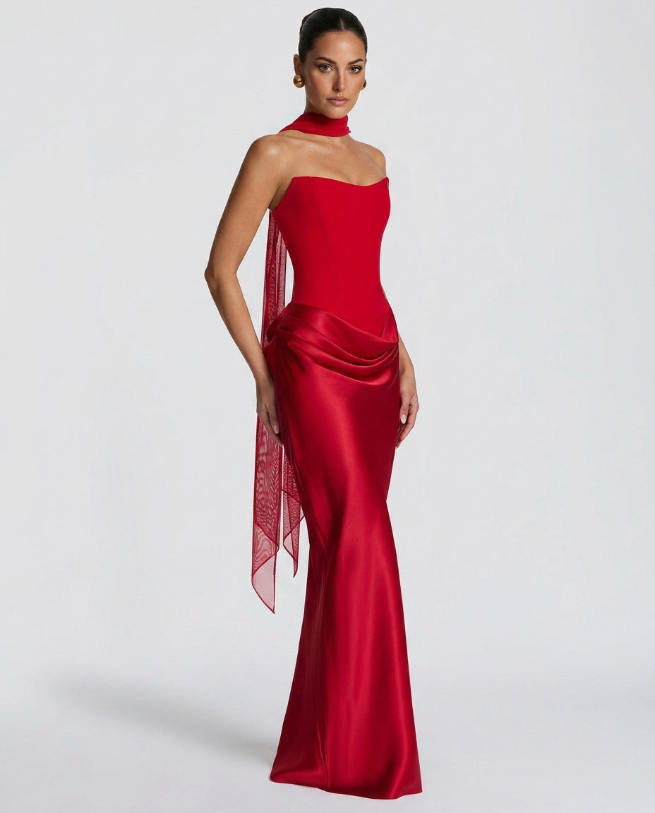 ALTAIRA | STRAPLESS CORSET DRAPED MAXI DRESS - Red