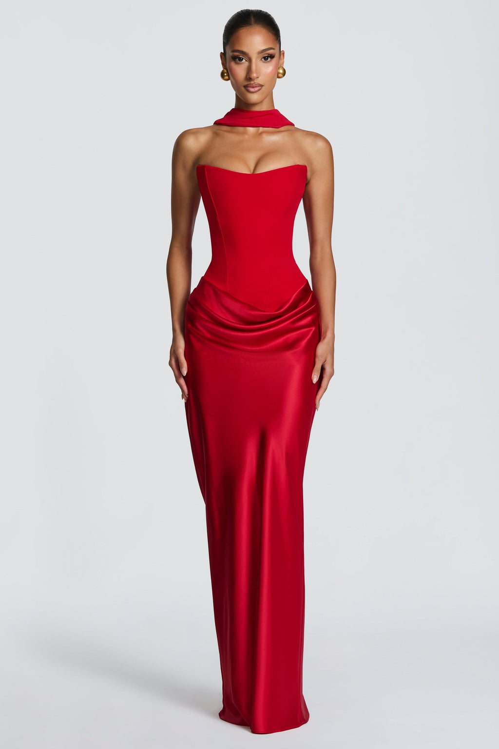 ALTAIRA | STRAPLESS CORSET DRAPED MAXI DRESS - Red
