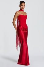 ALTAIRA | STRAPLESS CORSET DRAPED MAXI DRESS - Red