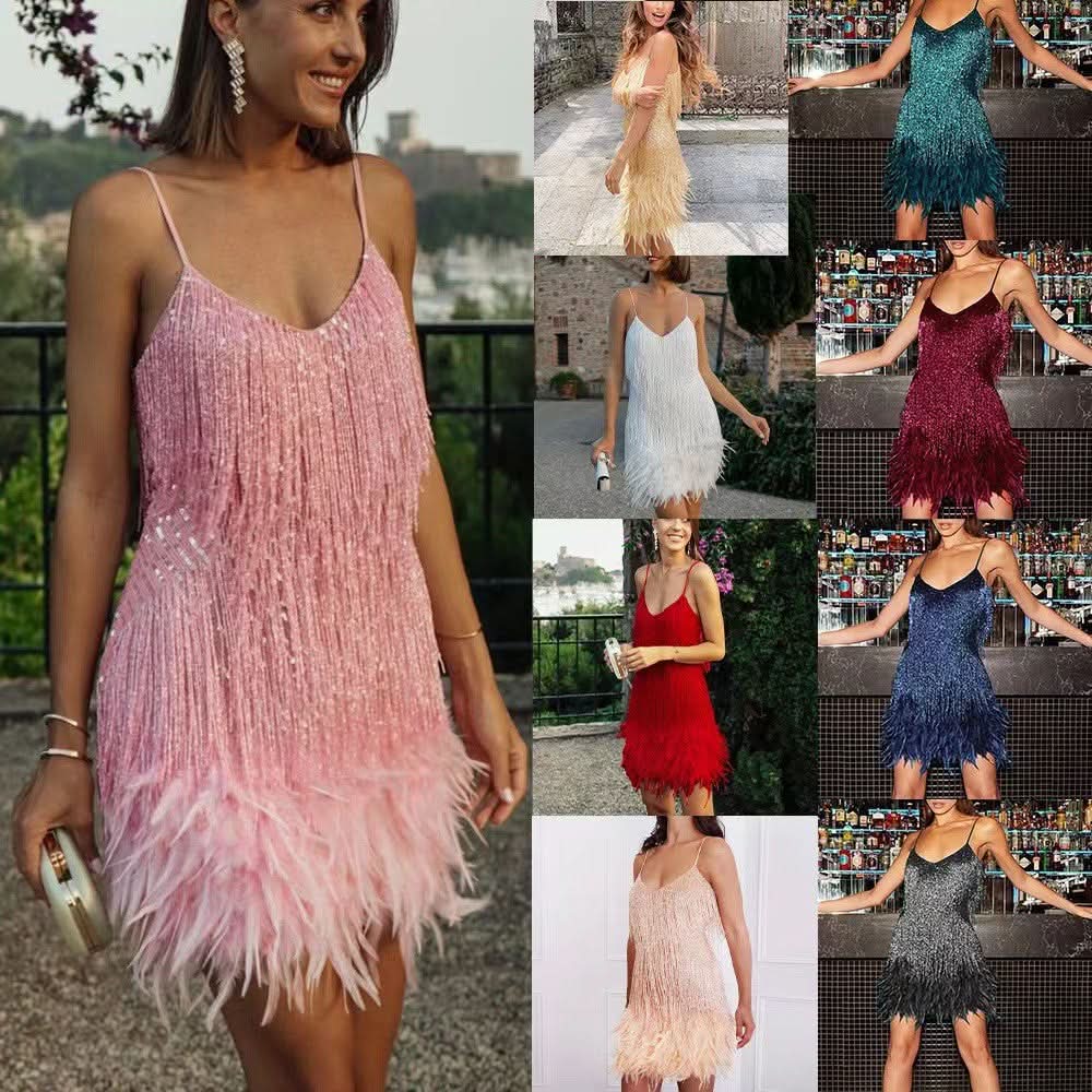 Feather mini dress color options including pink, white, red, teal, and navy