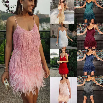 Feather mini dress color options including pink, white, red, teal, and navy