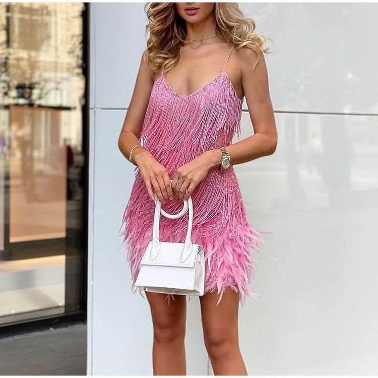 Pink beaded feather mini dress with spaghetti straps front view