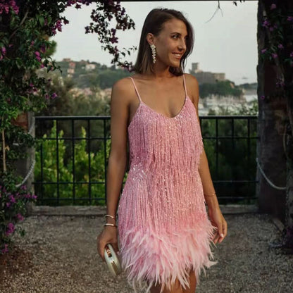 Mauve pink sequin feather mini dress outdoor styling with accessories
