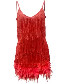 Red fringe feather mini dress with layered hem detail flat lay