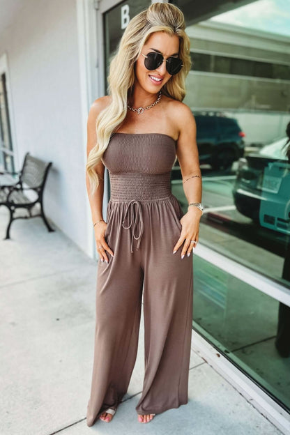 Taupe strapless jumpsuit with ribbed bodice and drawstring waist