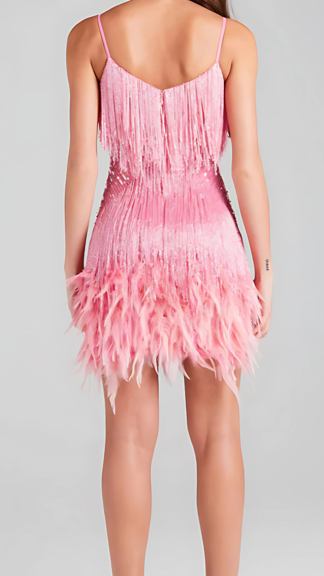Back view of pink fringed mini dress showing V-neckline and fringe hem