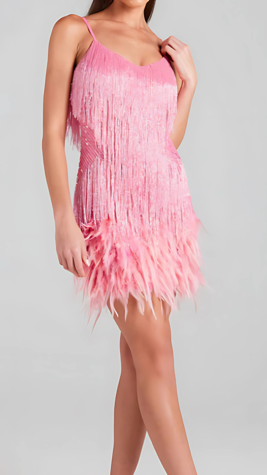 pink fringed mini dress with thin straps and gradient fringe hem
