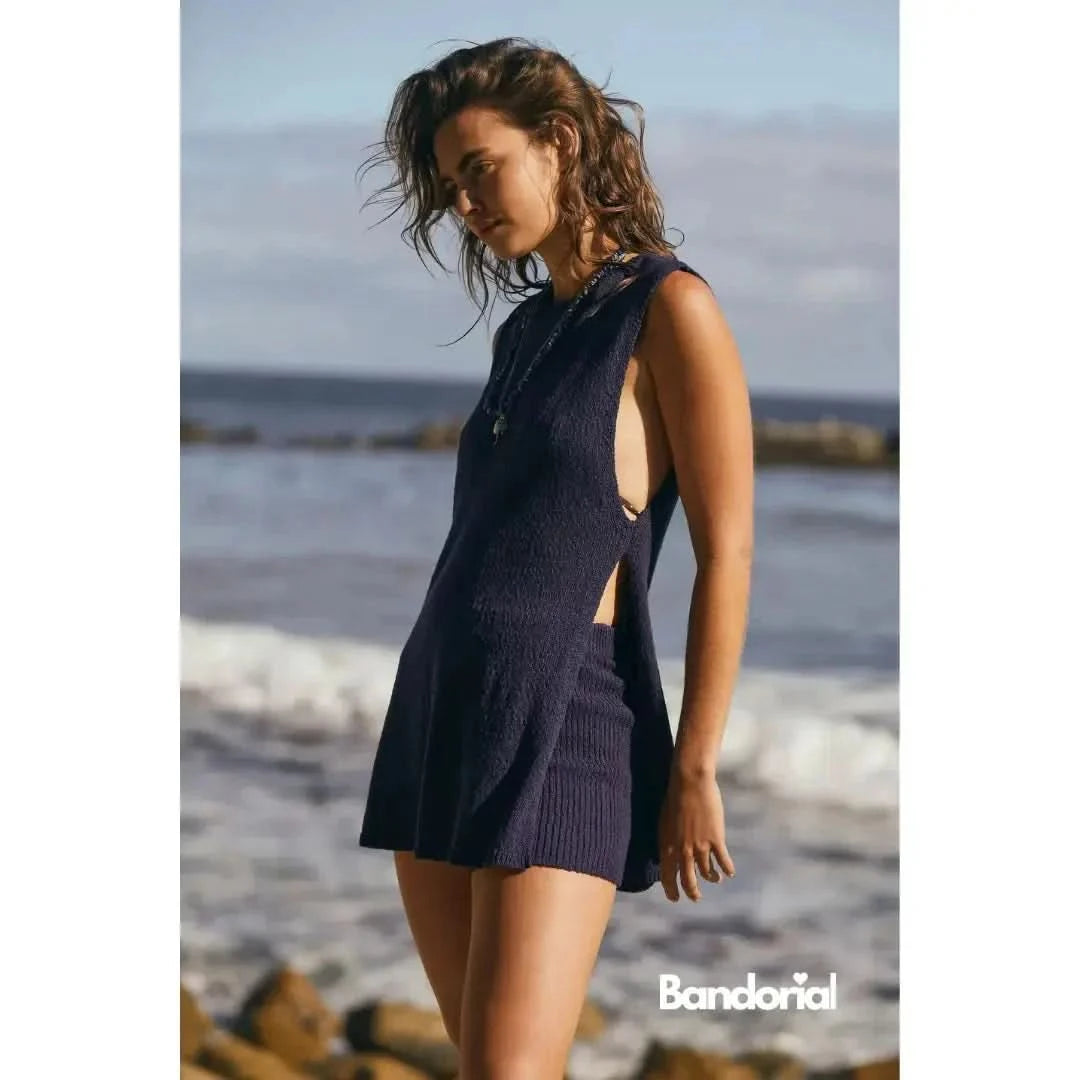 Navy blue sleeveless mini dress with open back detail by ocean