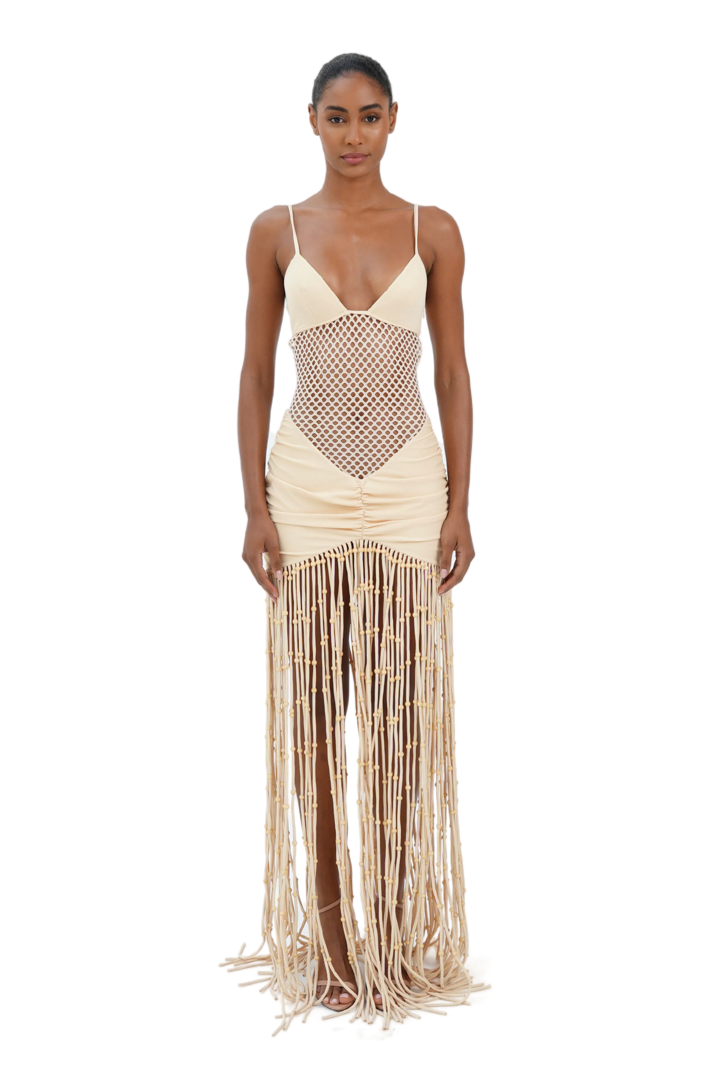 Cream v-neck maxi dress with mesh waist and beaded fringe hem for women