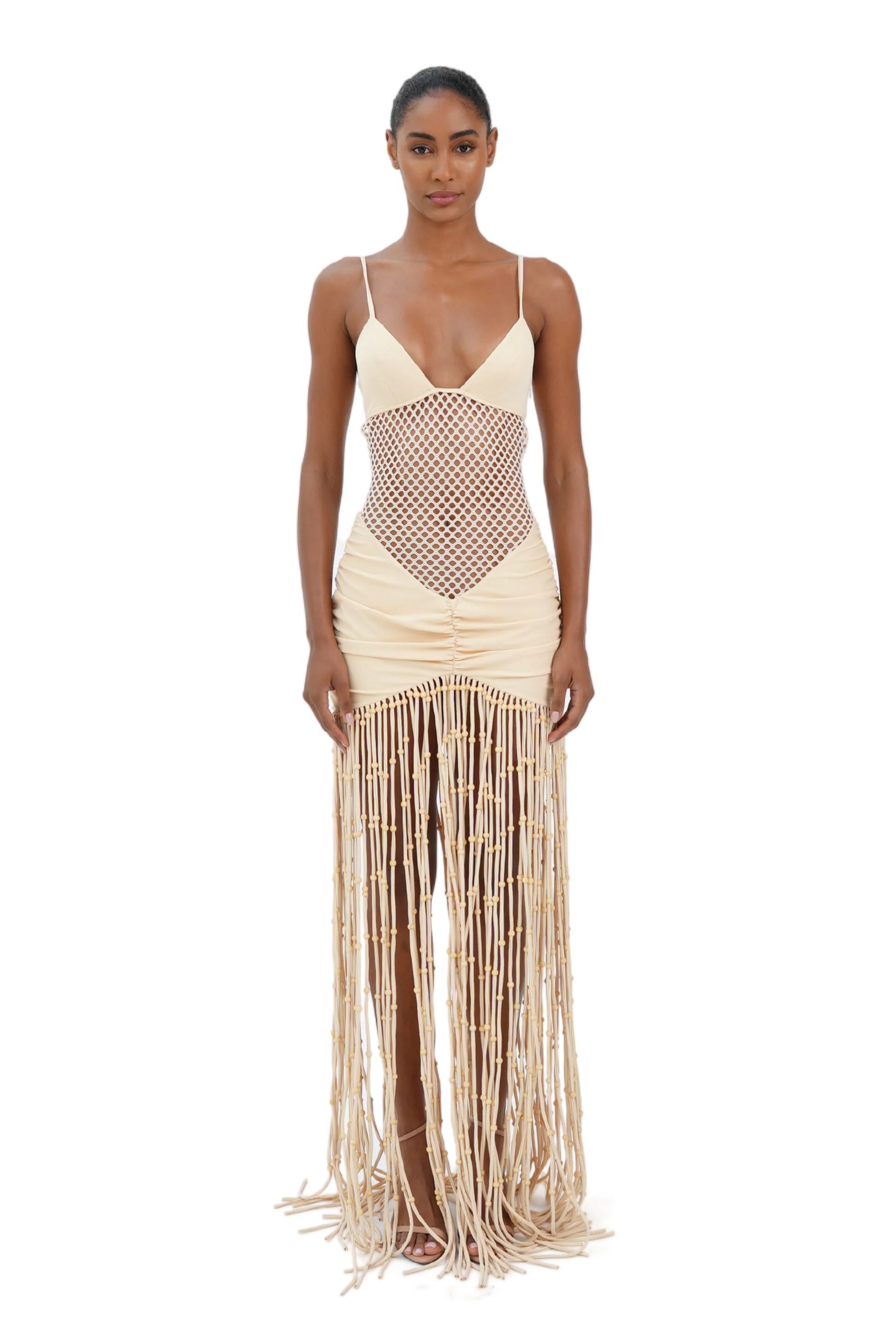 Cream v-neck maxi dress with mesh waist and beaded fringe hem for women
