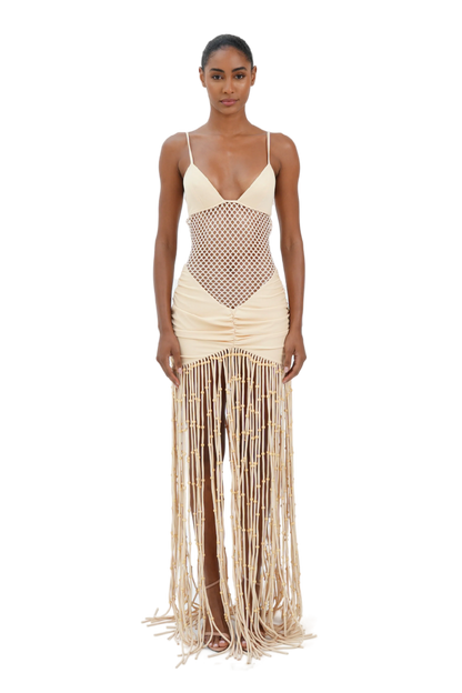 Cream v-neck maxi dress with mesh waist and beaded fringe hem for women