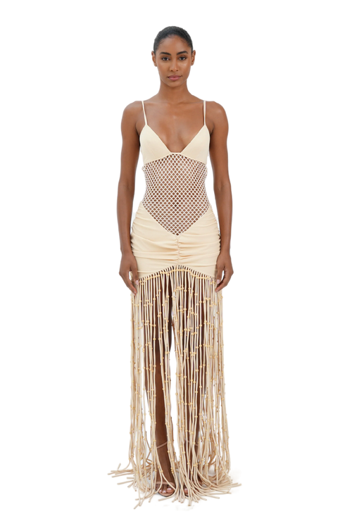 Cream v-neck maxi dress with mesh waist and beaded fringe hem for women