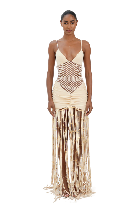 Cream v-neck maxi dress with mesh waist and beaded fringe hem for women