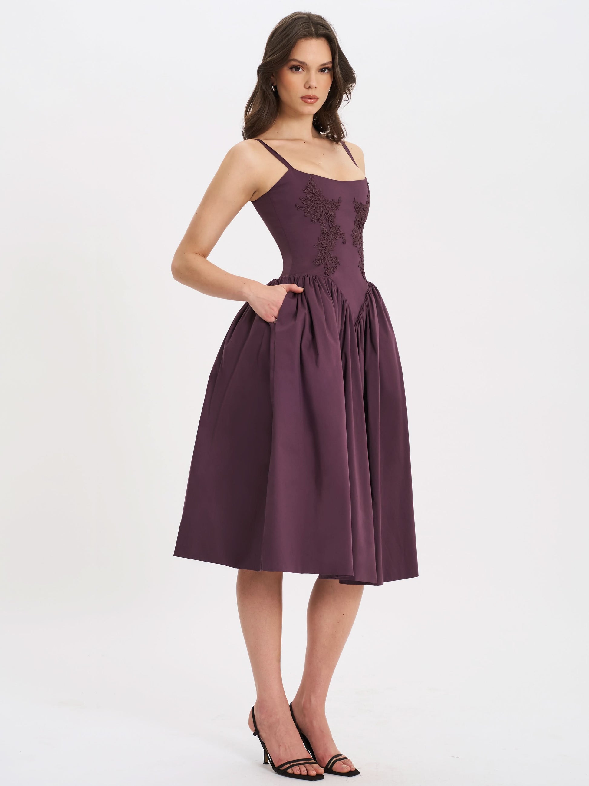 Women's purple fit-and-flare midi dress with lace bodice detail and full skirt