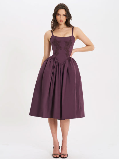 Deep purple midi dress with lace embroidery bodice and fit-and-flare skirt for women