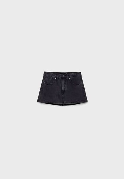 Black denim skort flat lay showing front pockets and waistband closure