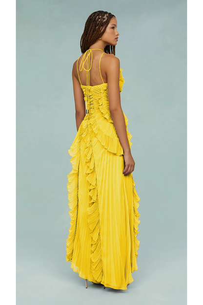 Yellow halter maxi dress with pleated ruffle details and open back