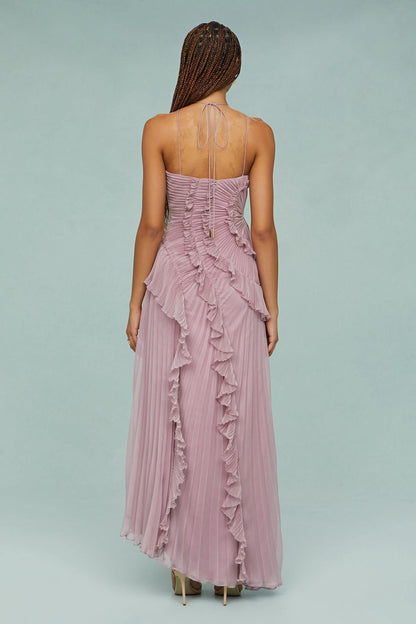 Back view of mauve halter dress showing tie straps and ruffle details