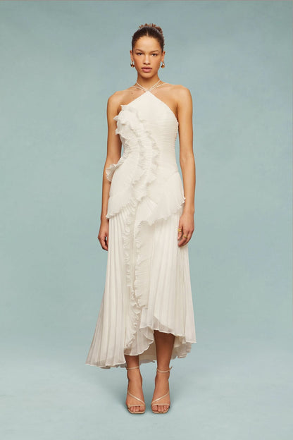 Cream pleated halter maxi dress with asymmetrical ruffle front