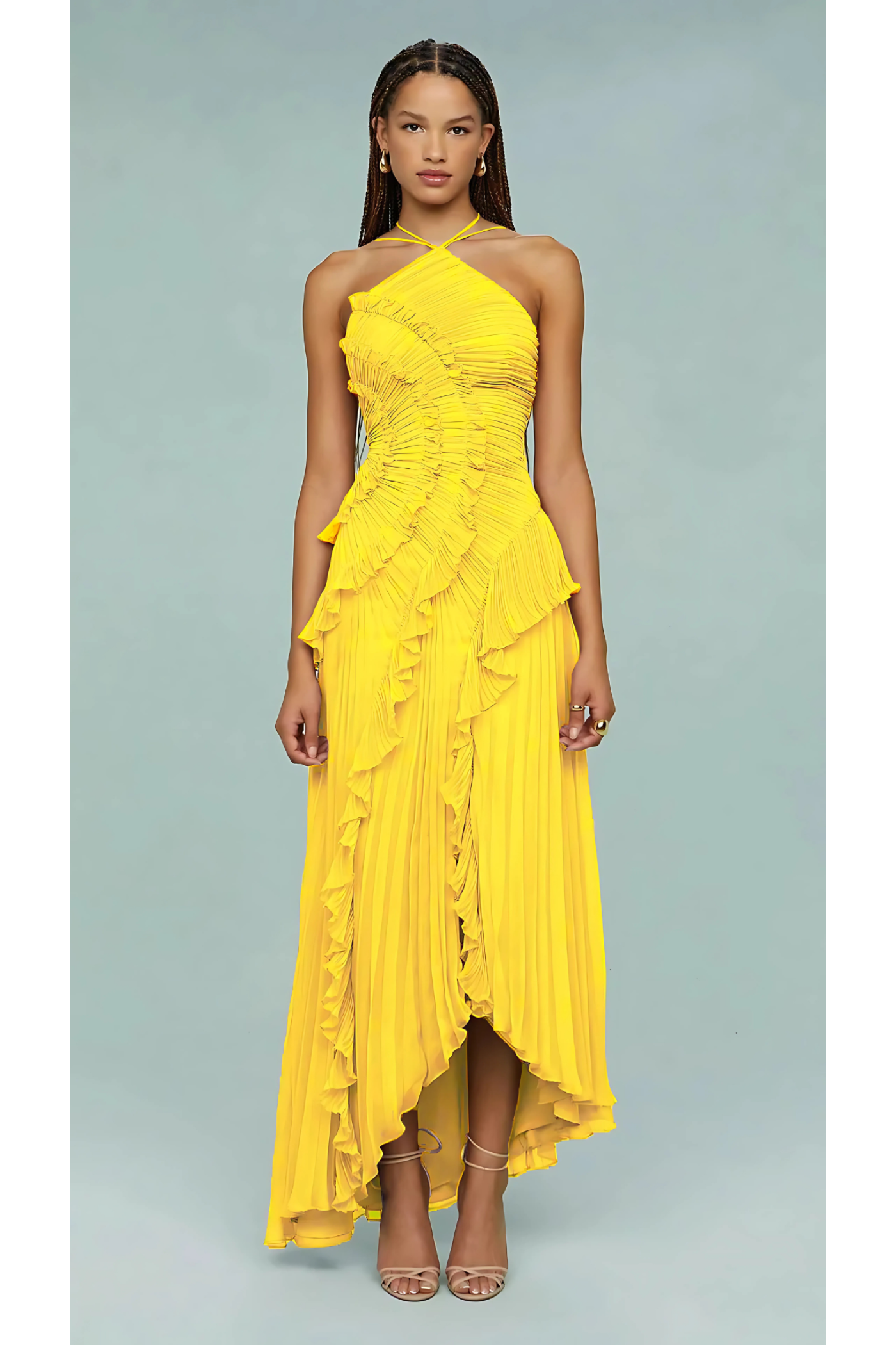 Bright yellow halter maxi dress with pleated ruffles and high-low hem