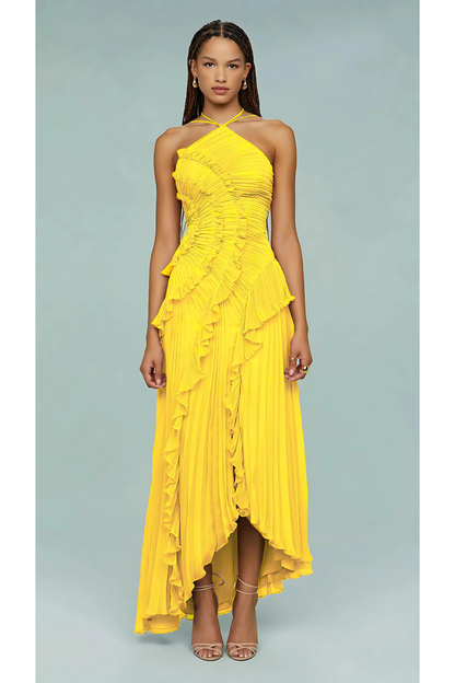 Bright yellow halter maxi dress with pleated ruffles and high-low hem
